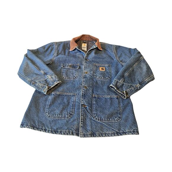Vtg Carhartt Denim Jacket C59 DST Chore Coat Blanket Lined Sz L USA Union Made - Picture 1 of 7